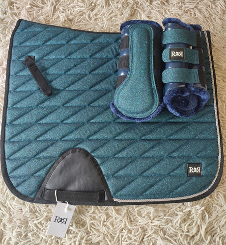 Saddle Pad Set with BRUSHING Boots BLUE TEAL GLITTER DRESSAGE (NO BONNET)