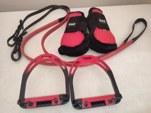 CLEARANCE PRICE! Red jump boots (fronts) stirrups, reins