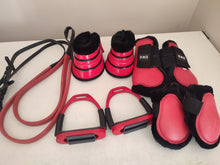 Load image into Gallery viewer, CLEARANCE PRICE! Red jump boots, bell boots, stirrups, reins + orange stirrups