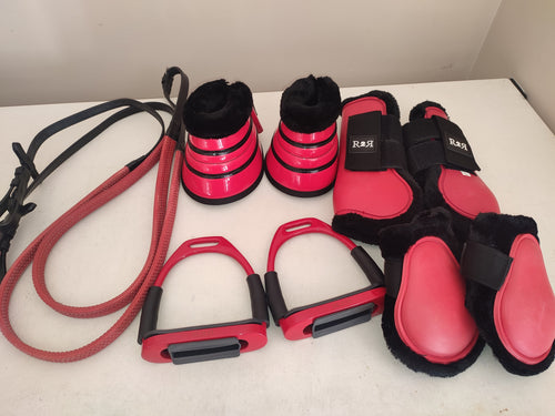 CLEARANCE PRICE! Red jump boots, bell boots, stirrups, reins + orange stirrups