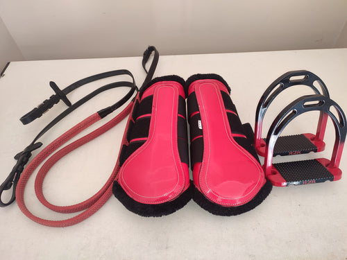 CLEARANCE PRICE! Red brushing boots, stirrups, reins
