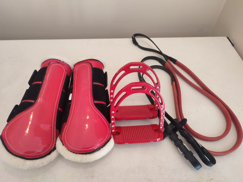 CLEARANCE PRICE! Red brushing boots, stirrups, reins