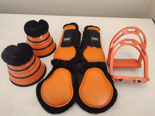 CLEARANCE PRICE! Orange jump boots, bell boots, stirrups