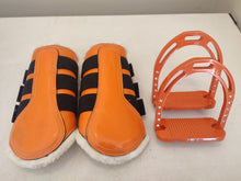 Load image into Gallery viewer, CLEARANCE PRICE! Orange brushing boots, stirrups