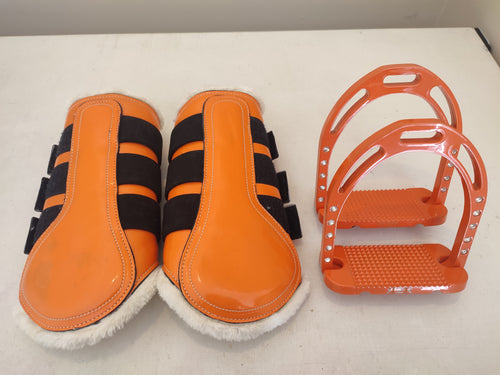 CLEARANCE PRICE! Orange brushing boots, stirrups