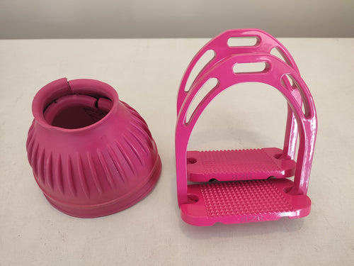 CLEARANCE PRICE! Pink stirrups, pink bell boots