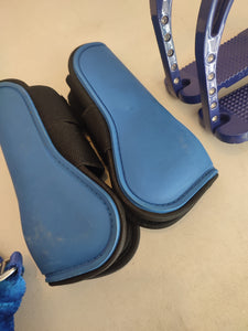 CLEARANCE PRICE! Blue jump boots (fronts) stirrups, halter
