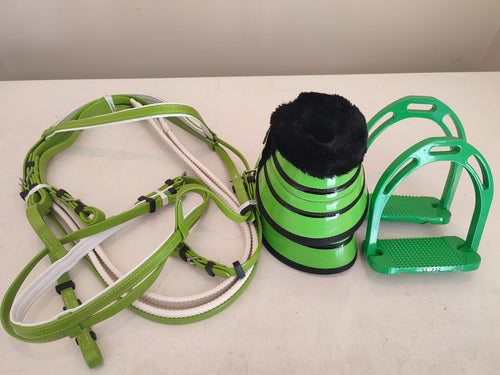 CLEARANCE PRICE! Lime green pvc bridle, bell boots, green stirrups