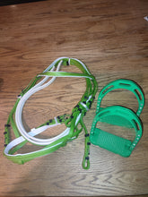 Load image into Gallery viewer, CLEARANCE PRICE! Lime green pvc bridle + green stirrups