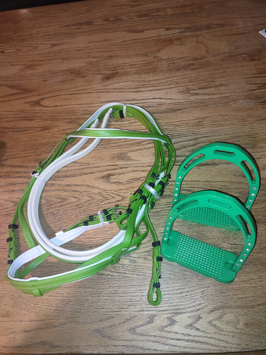 CLEARANCE PRICE! Lime green pvc bridle + green stirrups