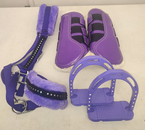 CLEARANCE PRICE! Purple brushing boots, halter + stirrups