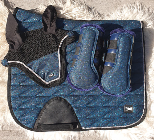 Saddle Pad Set with BRUSHING Boots BLUE TEAL GLITTER DRESSAGE