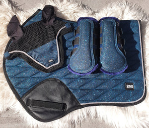 Saddle Pad Set with BRUSHING Boots BLUE TEAL GLITTER