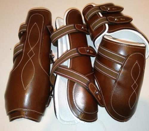 CLEARANCE PRICE! Open Front Boots + Matching Back Boots BROWN LEATHER Padded White Lining
