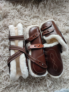 CLEARANCE PRICE! Open Front Boots + Matching Back Boots BROWN LEATHER White Fleece