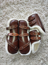Load image into Gallery viewer, CLEARANCE PRICE! Open Front Boots + Matching Back Boots BROWN LEATHER White Fleece