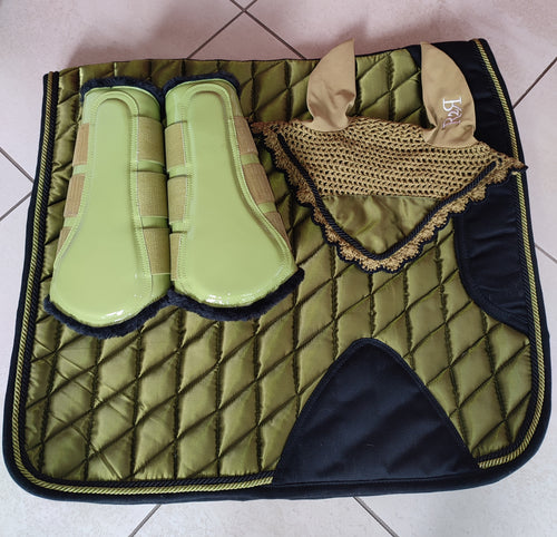 CLEARANCE PRICE! Olive Satin Dressage Saddle Pad Set with Boots